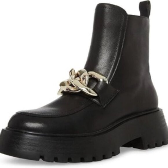 Steve Madden Shoes - Steve Madden Cleo Black Leather Chunky Lug Sole Curb Chain Ankle Boots 8M